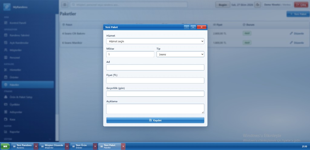 MyRandevu güzellik salonu randevu programı yeni paket formu. Tip seans, miktar 1.